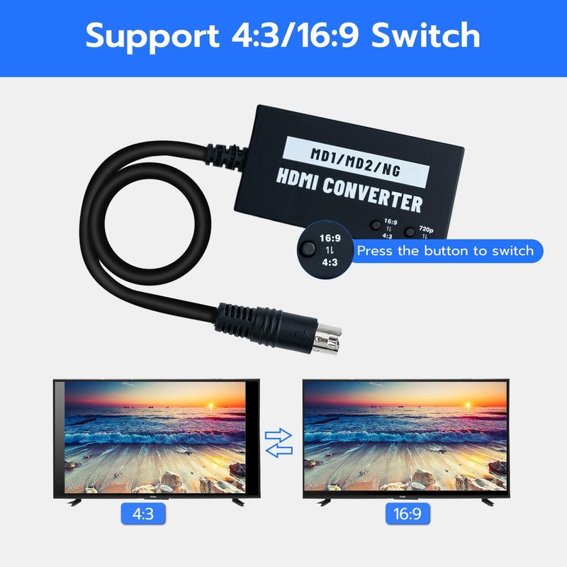 Mcbazel HDMI Adapter for Sega Genesis Model 1/2/3 for HDTV, Multifunctional Video Converter 4:3/16:9, 720P/1080P for Genesis Model 1/2 / 3, Sega CD, CDX, 32X, Nomad ，NEOGEO - Image 4